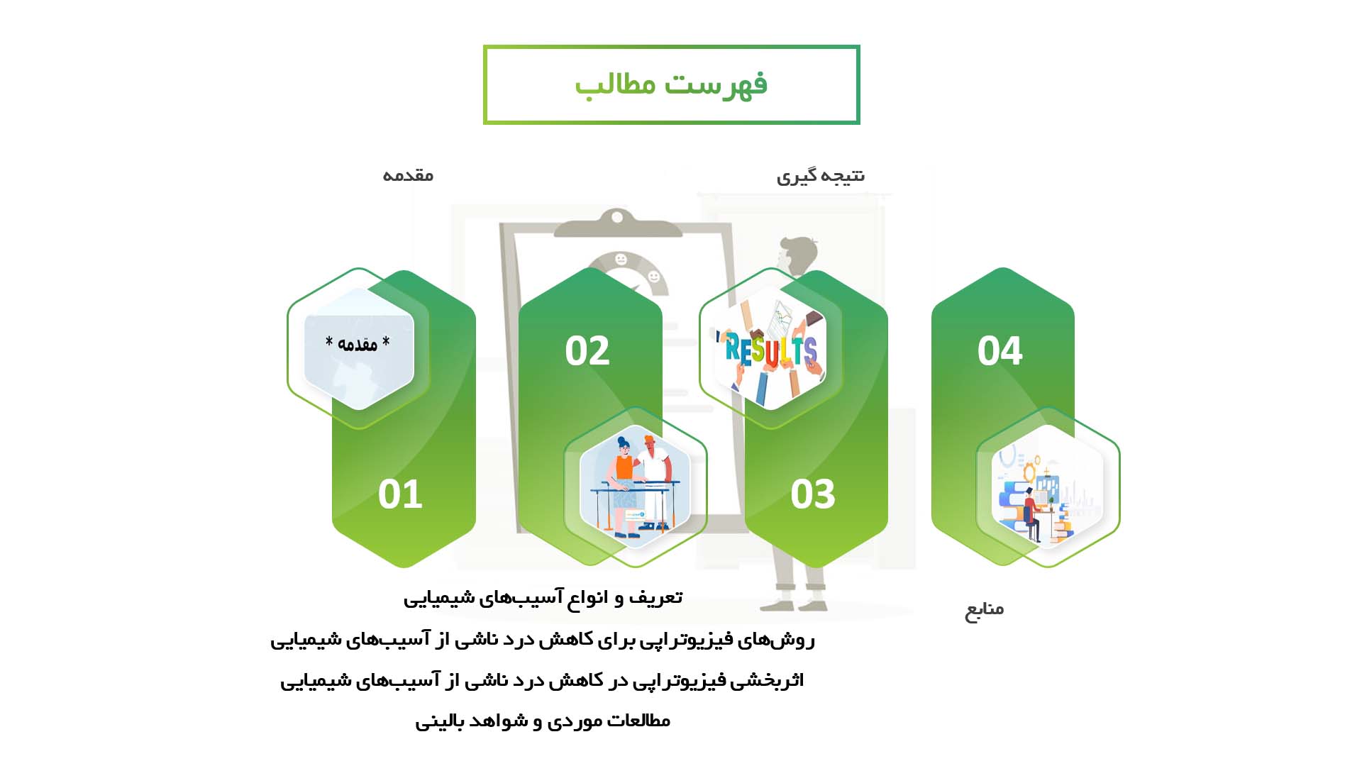 پاورپوینت در مورد اثربخشی فیزیوتراپی در کاهش درد ناشی از آسیب‌های شیمیایی